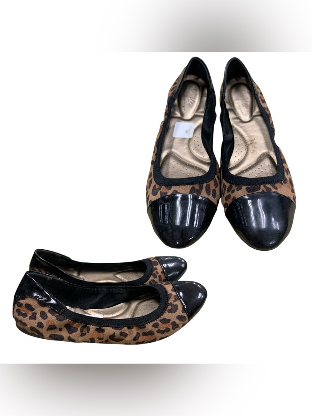 dexflex comfort Leopard-Print Ballet Flats with Black Patent Cap Toe S11